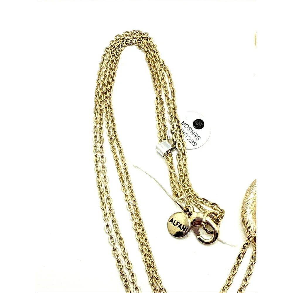 New Alfani Rhinestone Gold Tone Station Necklace Oval Textured Links 42” NWT
